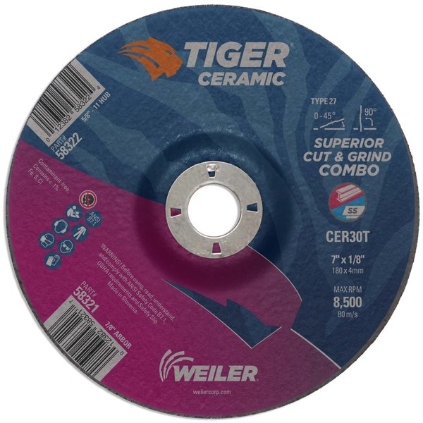 Weiler 7 x 1/8 TIGER CERAMIC Type 27 Cut/Grind Combo Wheel CER30T 7/8 A.H. 58321